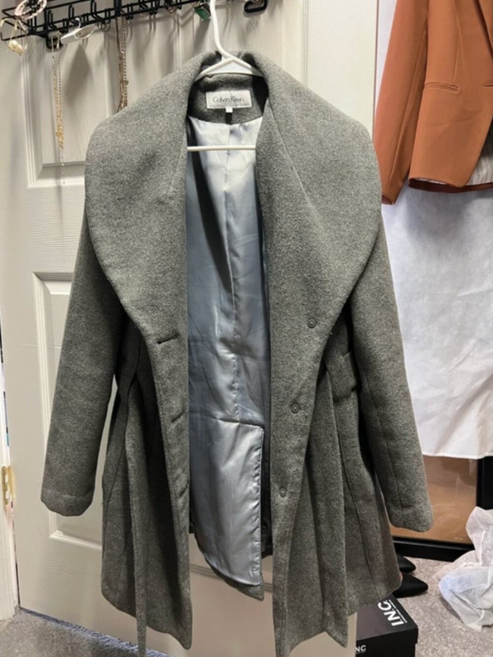 Calvin Klein Grey Wool Blend Belted Coat, Size 6